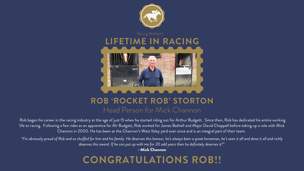 Racingwelfare's tweet photo. Congratulations to Rob Storton for winning Racing Welfare's #LifetimeinRacing Award for the West Region!

Rob was presented his award at @NewburyRacing 
this afternoon ahead of the 'Rob Storton Lir Winner Supported By @BetVictorRacing Handicap'

#RacingStaffWeek @Mick_Channon https://t.co/uKXCoIRh8l
