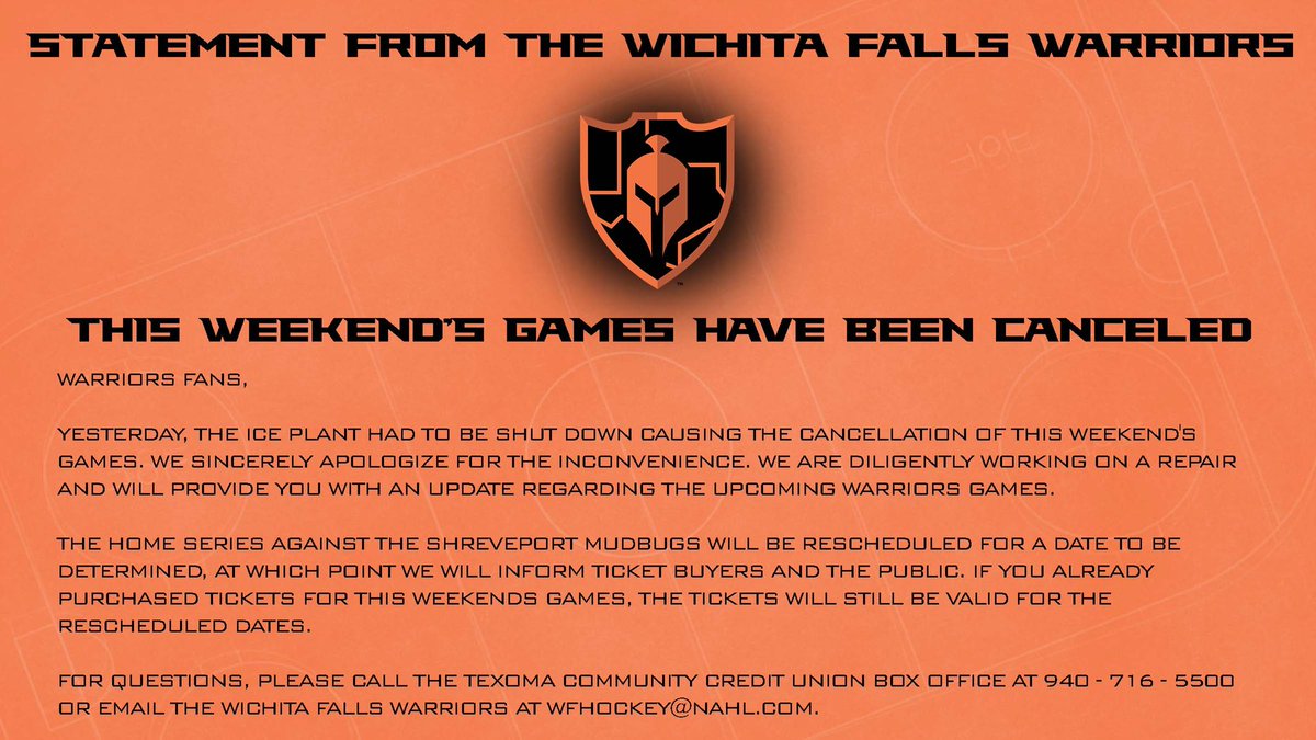 OKWarriors_NAHL's tweet photo. 🚨 STATEMENT FROM THE WARRIORS 🚨

This weekend’s games against the Mudbugs have been canceled. For more information please read the official statement below. 

#DefendTheFalls https://t.co/I78S11ScXM