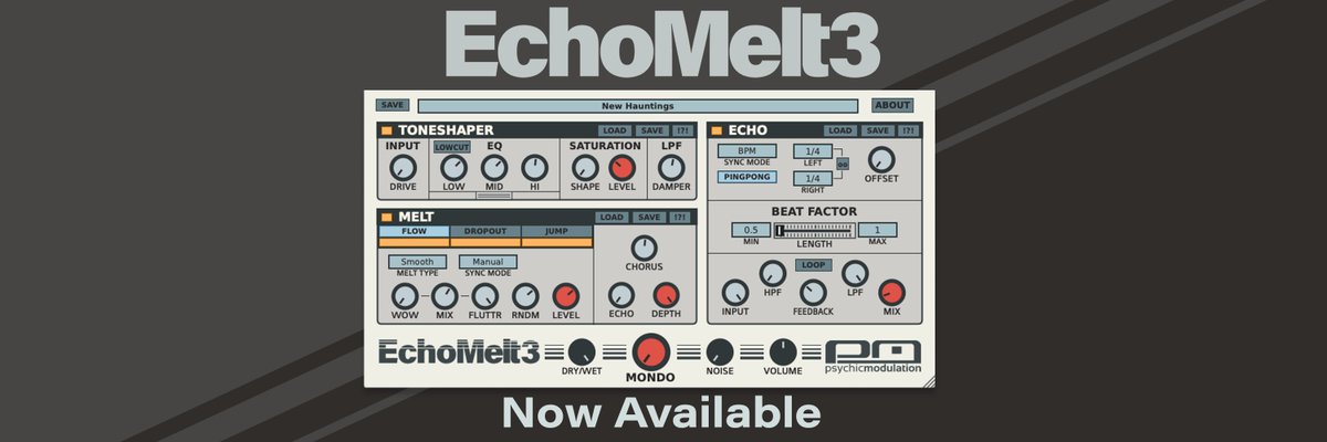 EchoMelt3 has many interesting new features to explore, like BPM melt, host-synced pitch jumps, integrated one-knob Chorus, spaced-out echo trickery, crispy lo-fi saturation, tape noise and everything in between.
More info and purchasing options here: 
psychicmodulation.com/echomelt.html