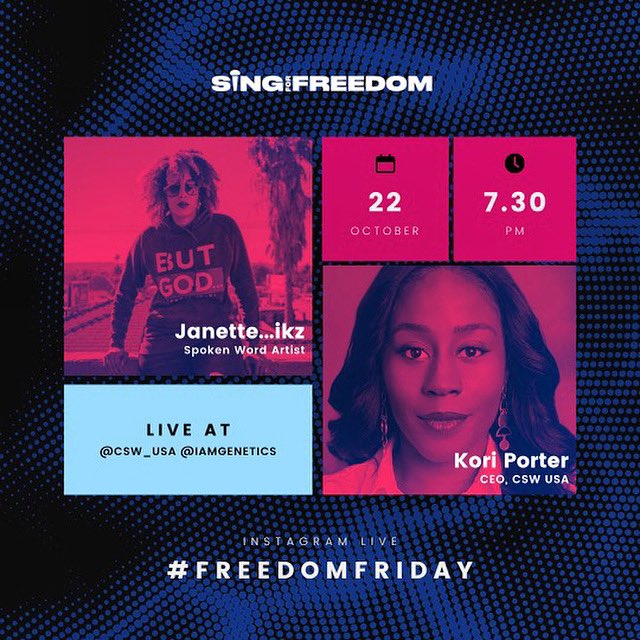 Join us on IG Live TONIGHT with <a href="/iamgenetics/">Janette...ikz</a> ! Speaking on <a href="/CSWUSA/">CSW USA</a> #singforfreedom challenge ✊🏾 #BringBackOurGirls #freeleah