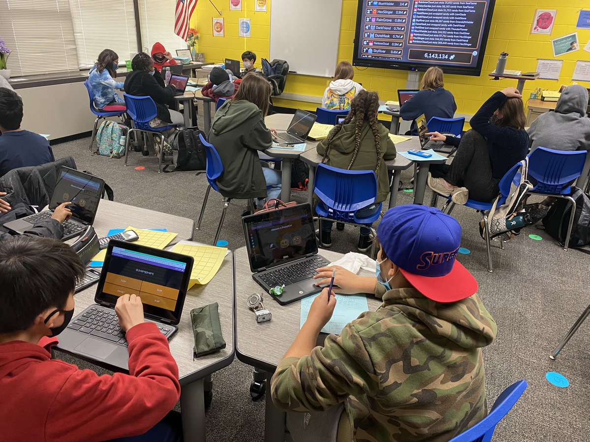 felg54's tweet photo. Seventh graders in my 715 math class competing in a friendly game of @PlayBlooket with the Halloween theme. What a better way to practice multiplying and dividing scientific notation? #FrostStrong https://t.co/wqRScTPyQq