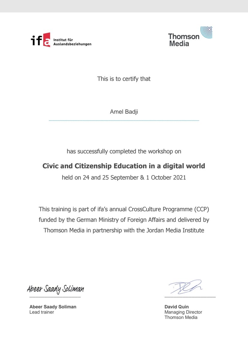 Amelbadji's tweet photo. I am honored to participate in the workshop Civic and Citizenship Education in a digital world by #thomsonfoundation . It was really interesting and fruitful. big thanks to @thomfound and @das_ifa
#Journalist
#media https://t.co/itF4UT9ZOa