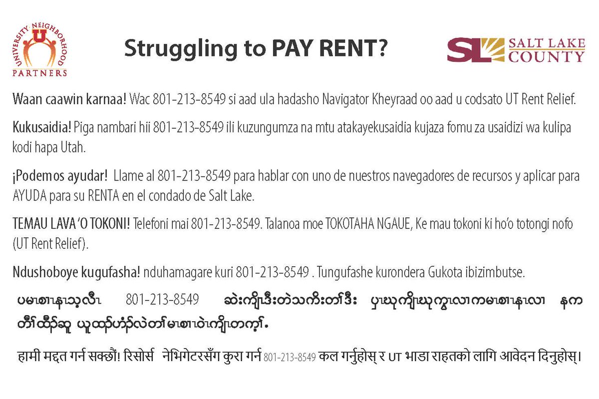 UNPSLC's tweet photo. UNP's Resource Navigators are here to help folks apply for rent relief! Current rent, past-due rent, utilities, security deposits, and associated fees are eligible. Contact us at 801-213-8549 to talk with a navigator and learn more. #unpslc #WestsideSLC #UTRentRelief #SLCounty https://t.co/pM6GGCpYF8