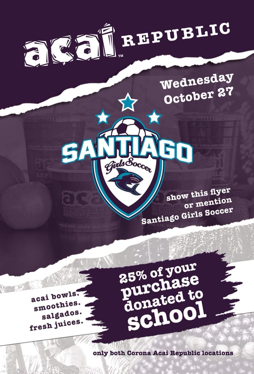 Get yourself a delicious treat from Açaí Republic and help support your girls soccer program in the process!  Mention Santiago girls soccer when ordering, Wednesday 10/27 <a href="/SantiagoSharks/">Santiago High School</a> <a href="/SHSBeAShark/">Be A SHARK</a>