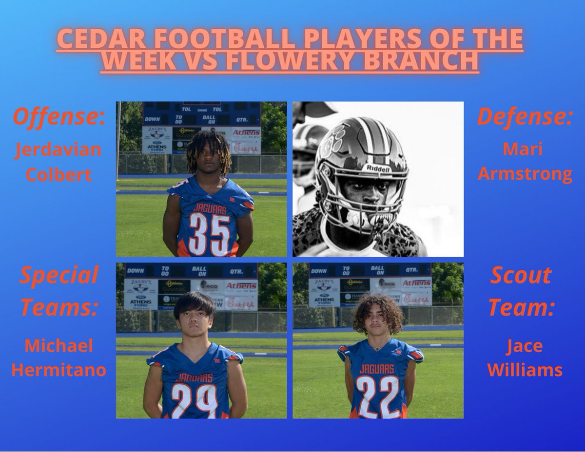 CedarFootbal's tweet photo. S/O To the POTWs from last Friday! Come out to North Oconee tonight and see who is going to show up and show out! See y’all at 7:30pm. #1cedar https://t.co/J1Zs6XVa9D