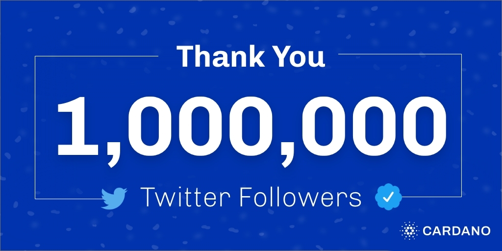 Cardano Community (@cardano) on Twitter photo 💥BOOM! And just like that, we hit 1 Million Followers!!
Growing the best darn Cardano fam ever!😍💪🚀
<a href="/F_Gregaard/">Frederik Gregaard</a> <a href="/IOHK_Charles/">Charles Hoskinson</a> <a href="/I_Am_DTaylor/">DT</a> <a href="/JeremyFirsterCF/">Jeremy Firster</a>
#Cardano #CardanoCommunity #1MillionFollowers 💥BOOM! And just like that, we hit 1 Million Followers!!
Growing the best darn Cardano fam ever!😍💪🚀
<a href="/F_Gregaard/">Frederik Gregaard</a> <a href="/IOHK_Charles/">Charles Hoskinson</a> <a href="/I_Am_DTaylor/">DT</a> <a href="/JeremyFirsterCF/">Jeremy Firster</a>
#Cardano #CardanoCommunity #1MillionFollowers