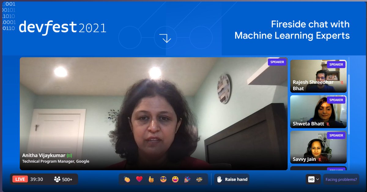 Attended the Incredible session
"Fireside Chat With Machine Learning Experts"
Thank you for sharing your experiences
Anitha Vijaykumar, <a href="/Savvyjain/">Savvy Jain</a>, <a href="/rajesh_s_bhat/">Rajesh Shreedhar Bhat</a>, <a href="/shweta_bhatt8/">Shweta Bhatt</a>, <a href="/URengaraju/">Usha Rengaraju</a> 
#DevFestIndia #LetsGrowTogether