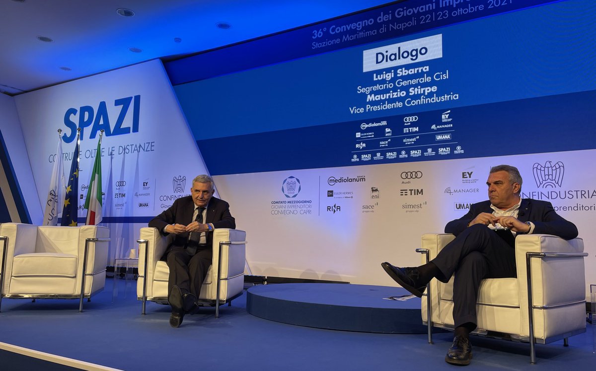 Parliamo di lavoro e relazioni industriali a #Spazi2021 con Luigi Sbarra, Segretario Generale <a href="/CislNazionale/">CISL Nazionale</a> e Maurizio Stirpe, Vice Presidente <a href="/Confindustria/">Confindustria</a>

Segui la diretta: giovanimprenditori.org         
#22ottobre