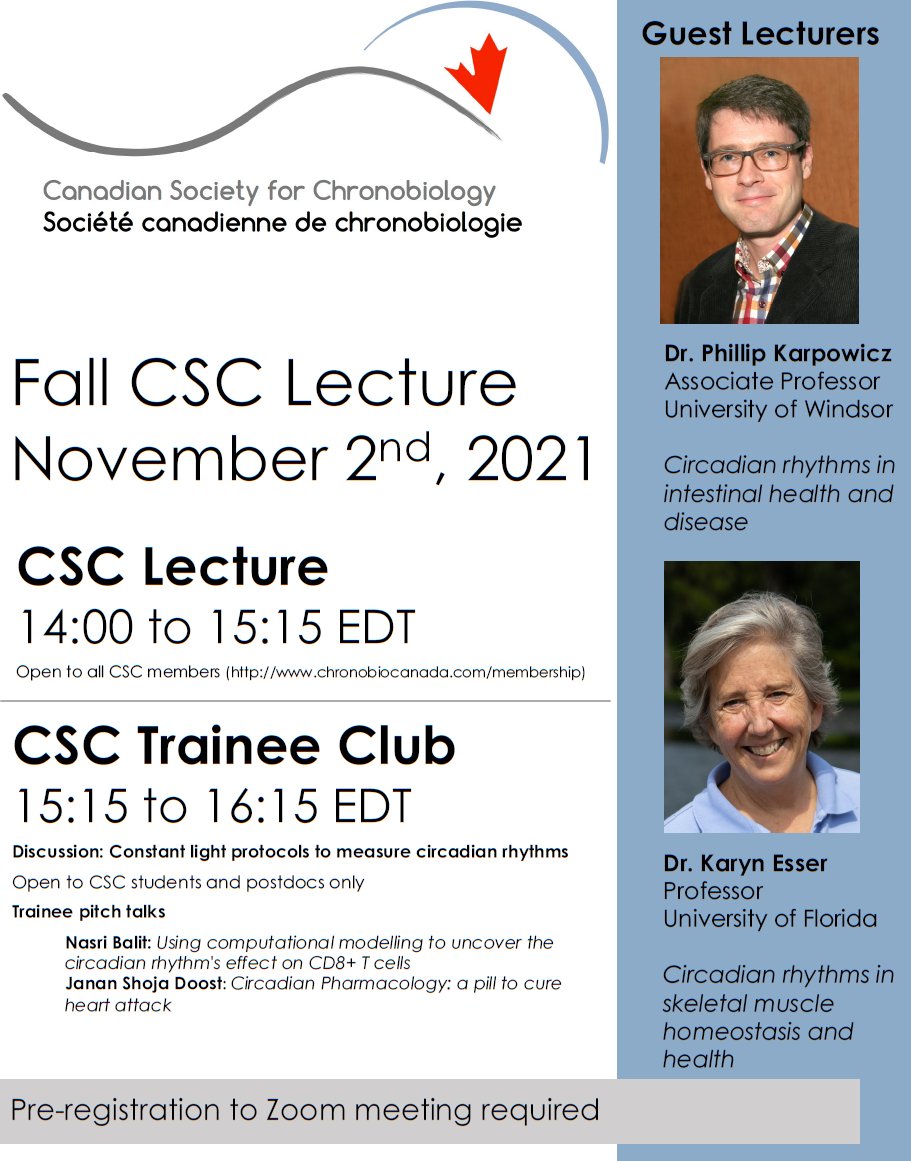 ChronobioCanada's tweet photo. New CSC Lecture with Dr. Karpowicz and Dr. Esser followed by a CSC Trainee Club! November 2nd, 2pm EDT

Nouvelle Conférence CSC avec Dr Karpowicz et Dre Esser, suivie d'un club des étudiants de la SCC! Le 2 novembre 14h00 HAE

@KarpowiczLab @kaesser #CSC2021SCC https://t.co/RvEIJr1mo8