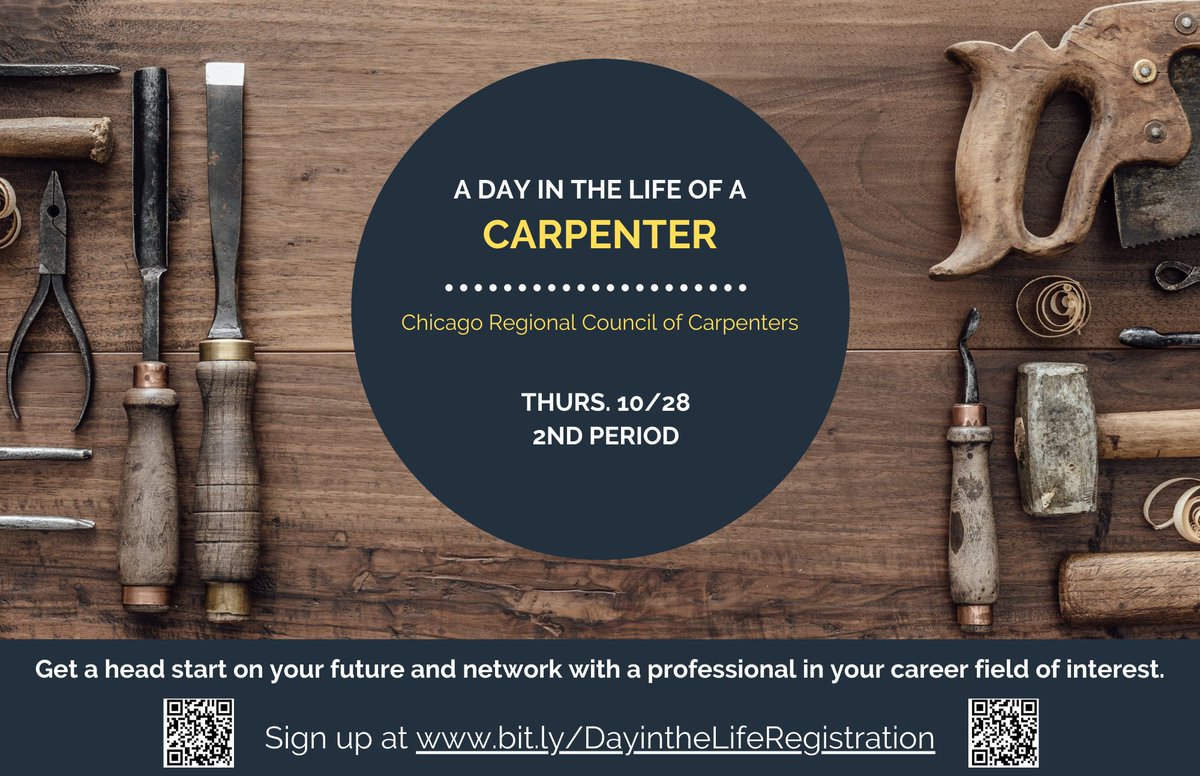 Thurs. 10/28 during 2nd hour--Students can talk to a Carpenter from the Chicago Regional Council of Carpenters. Get a head start on your future and network with a professional in your career field of interest. #ADayintheLife #D230Works <a href="/AndrewHS_d230/">Victor J. Andrew High School</a> @WoodworkingWeis <a href="/AbirOthman/">Dr. Abir Othman</a>