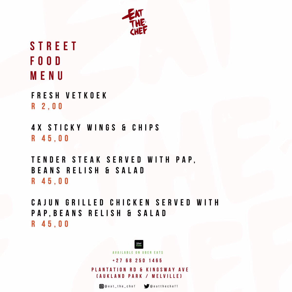 EatTheChef1's tweet photo. Our Street Food Menu 😋 

Friday looking like Wings &amp; Chips or Pap &amp; Steak ? 🍗🥩🤔

Find us on @UberEats 🇿🇦 👏🏾

#eatthechef #ubereats https://t.co/Z2VHvf095J
