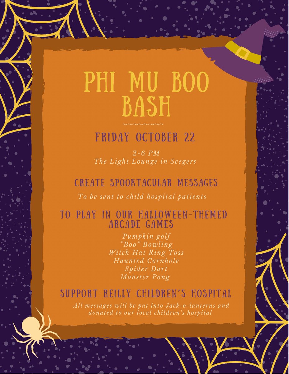 PhiMuMuhlenberg's tweet photo. Come out and join our Boo Bash today from 2 - 6 PM in the Light Lounge in Seegers!! Create messages to send to child patients at Reilly Children’s Hospital and then play in our Halloween-themed arcade games! See you there🎃🎃 https://t.co/iKqH5dOmdE