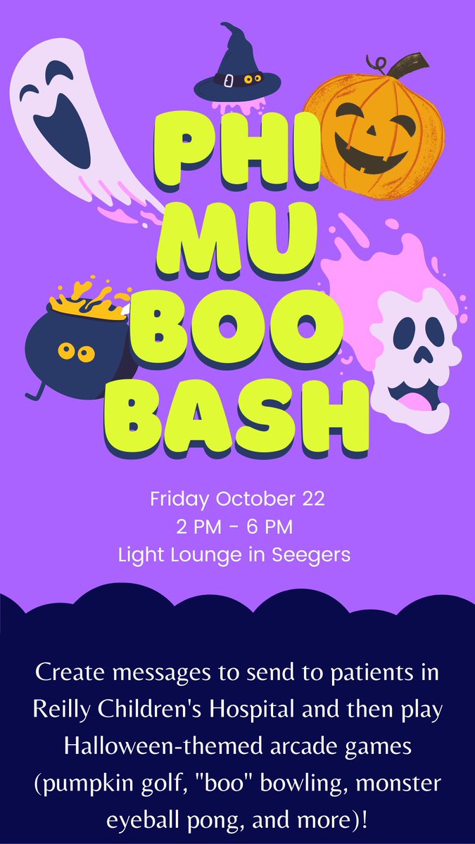 PhiMuMuhlenberg's tweet photo. Come out and join our Boo Bash today from 2 - 6 PM in the Light Lounge in Seegers!! Create messages to send to child patients at Reilly Children’s Hospital and then play in our Halloween-themed arcade games! See you there🎃🎃 https://t.co/iKqH5dOmdE