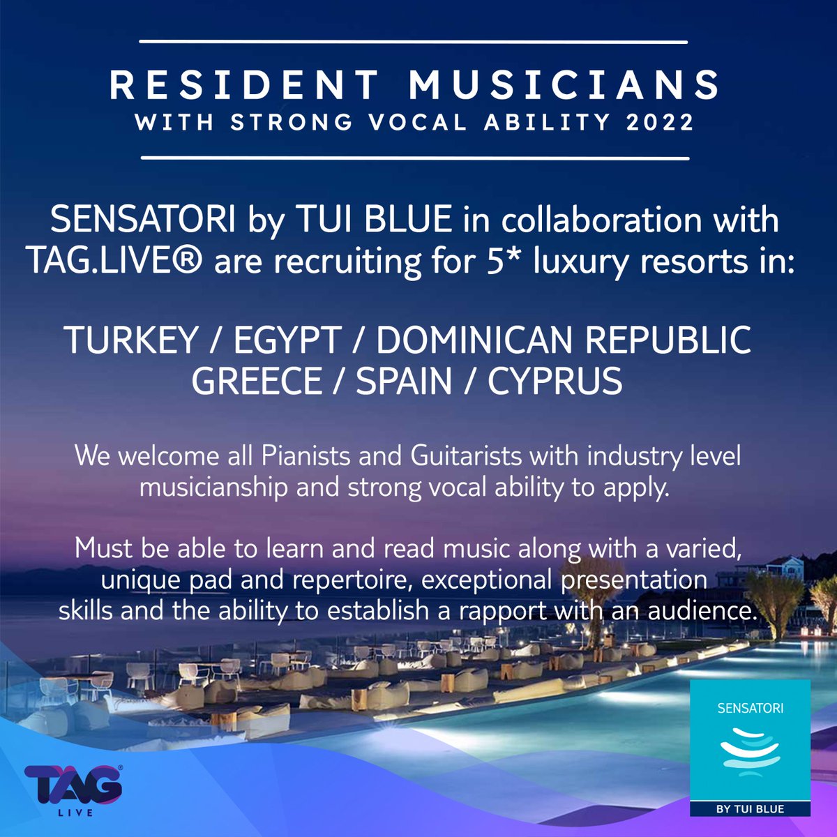 🎶 MUSICIAN CASTING 🎶
👇
pearsoncasting.com/tuimusicians

#auditions #travel #luxuryhotel #musician #singerpianist #singerguitarist