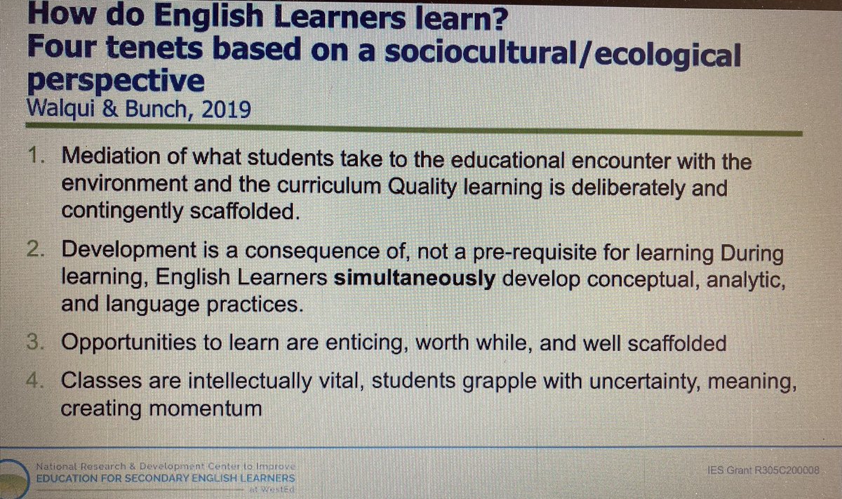Language development is a consequence of, not a prerequisite for learning. Students are ready now. Entice and engage students which allow them to grapple with new learning. #TNTESOL2021 <a href="/WestEd/">WestEd</a> #AidaWalqui <a href="/TNTESOL/">TNTESOL</a>