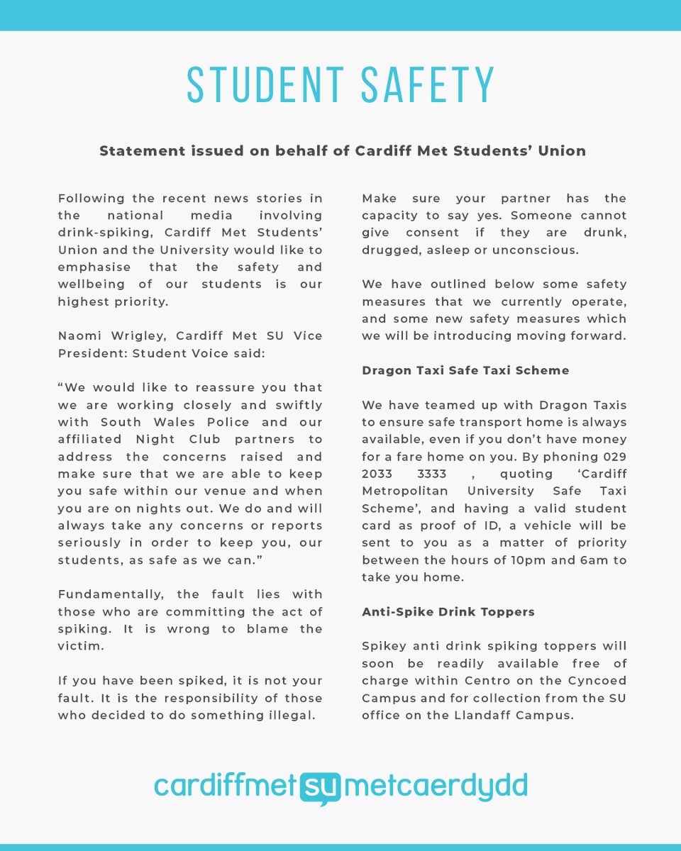 CardiffMetSU's tweet photo. Cardiff Met Students' Union takes the safety and wellbeing of our students as its highest priority. 

Please see our full statement in the article below.

https://t.co/tydwNbS8Zs https://t.co/syDae5aulp