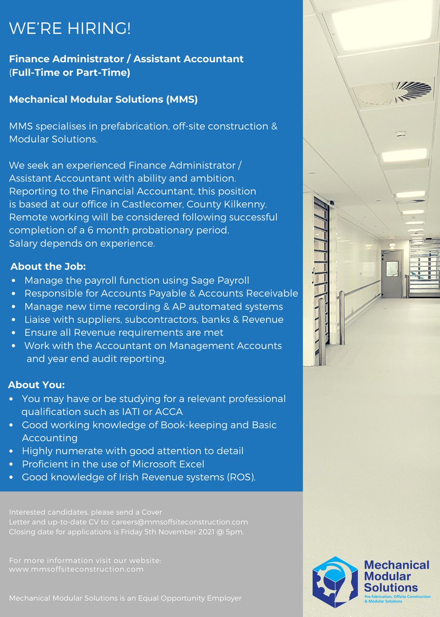 We are hiring! We are looking for a Finance Administrator / Assistant Accountant to join our team. The package on offer includes an attractive salary and an excellent working environment.

For more information or to apply please email careers@mmsoffsiteconstruction.com