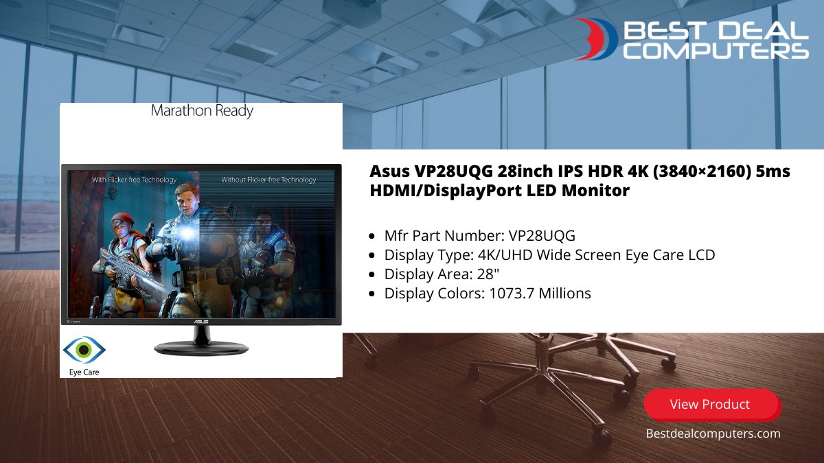 Asus VP28UQG 28inch IPS HDR 4K (3840×2160) 5ms HDMI/DisplayPort LED Monitor
Mfr Part Number: VP28UQG
Display Type: 4K/UHD Wide Screen Eye Care LCD
Display Area: 28″
Display Colors: 1073.7 Millions
bit.ly/3jSHOqS

#bdc #cpu #monitor #cpu #display