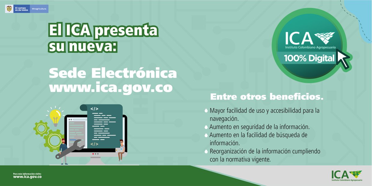 ICACOLOMBIA's tweet photo. 💻 Sede Electrónica | A partir del 21 de octubre el ICA contará con su nueva sede electrónica o página web, desarrollada para tener mejor accesibilidad y usabilidad.

#ICA100%Digital #GobiernoEnRed

@GobiernoEnRedes @urnadecristal @GobDigitalCO @MinAgricultura @PGN_COL https://t.co/h8sNXuUI98