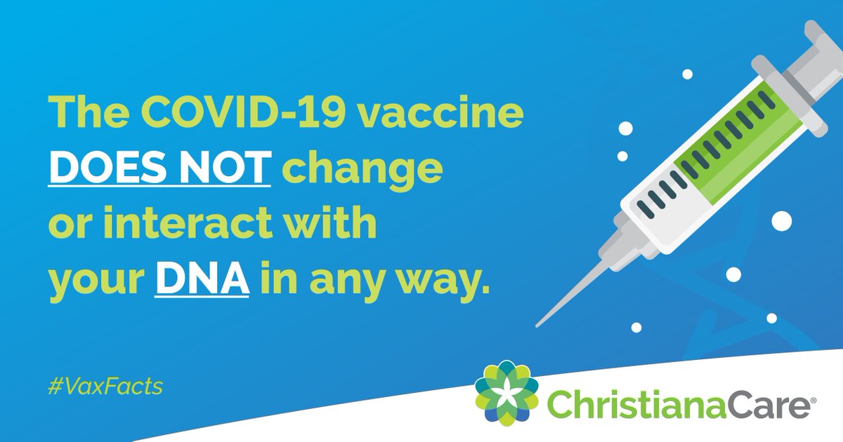 christianacare's tweet photo. COVID-19 vaccines don't change or interact with DNA. The mRNA and viral vector vaccines deliver instructions to cells to start building protection against the virus, but the material never enters the nucleus of the cell where DNA is kept. https://t.co/oWU2dVHImZ #VaxFacts https://t.co/7ILJzQ20ea