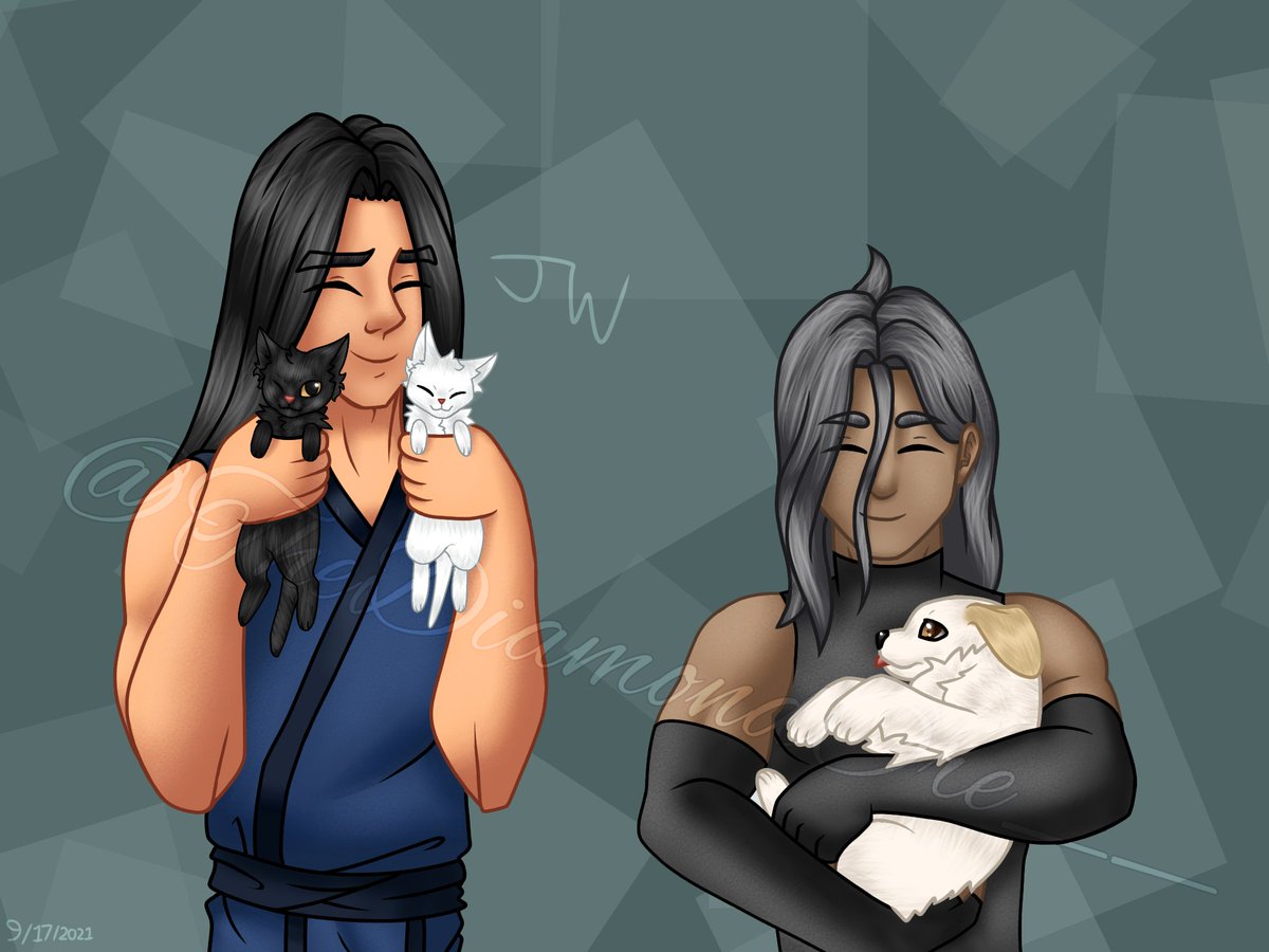 JentasticArt's tweet photo. ❄️BiTomas Week Day 5: Pets/Petplay💨

Bi-Han and Tomas with their adorable pets (they call them their babies uwu)

black kitten is Midnight (female), white kitten is Snowball (male) and the puppy's name is Izák (male)
#BiTomasWeek #BiTomas #mortalkombat #bihan #tomasvrbada #pets https://t.co/sOQfoqg4T3