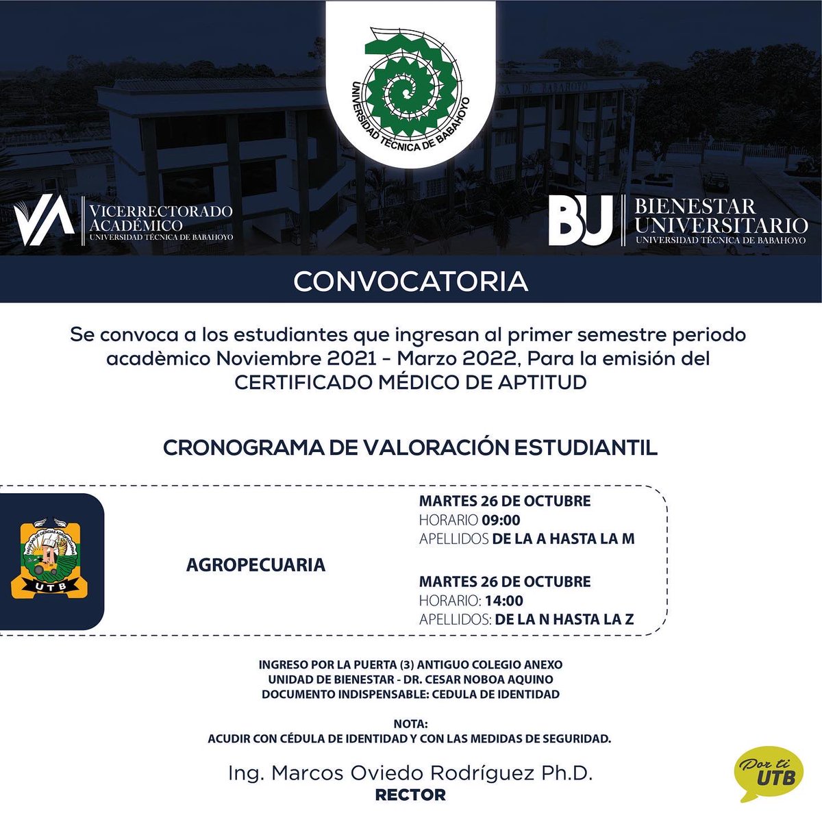 Cronograma de Valoración Estudiantil para la Facultad de Ciencias Agropecuarias.