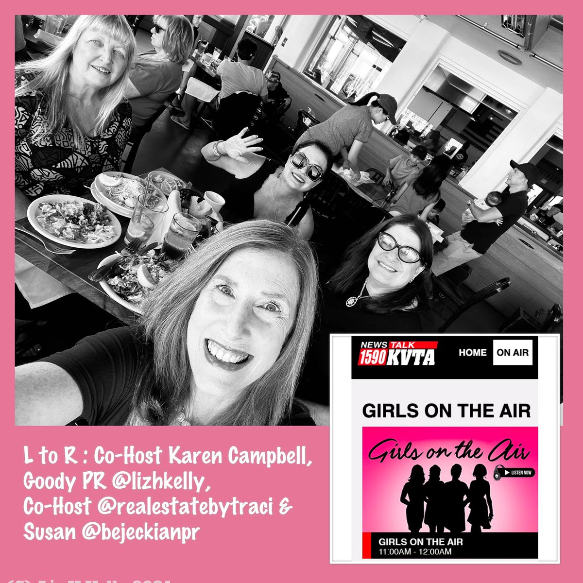 lizhkelly's tweet image. Fun Lunch with #GirlsOnTheAir Radio Talk Show Hosts @kvtaradionews #ABCRadio affiliate: L to R : Co-Host Karen Campbell, #GoodyPR @lizhkelly, Co-Host @TraciMahone &amp;amp; Susan @bejeckianpr (listen on Saturdays 11am-12pm pst live, online &amp;amp; via podcast) #radiotalkshow #talkradio #kvta