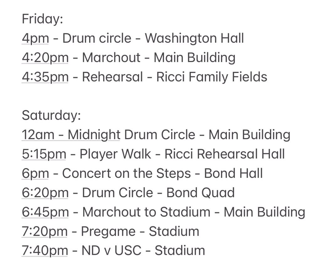 We’re back in action this weekend with a full slate of performances as we take on some “team” from the west coast ☘️ Here’s our schedule:⁣⁣
⁣
#GoIrish #NDDL #Clocktober #BeatTrojans #FightingIrish #NotreDameBand