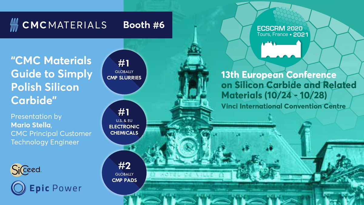 cmc_materials's tweet photo. Visit us at #ECSCRM2021 Booth 6 (Tours, FR) next week to discover the most simple &amp; effective way to #SiC polish with CMC! https://t.co/fEEUb03LRJ
➡️EM Solutions: https://t.co/3RNrsteX8c

#iamcmc #GoFarTogether #ECSCRM #semiconductor #SiliconCarbide #polishing #slurry
@ecscrm2021 https://t.co/GJwvrQujgP