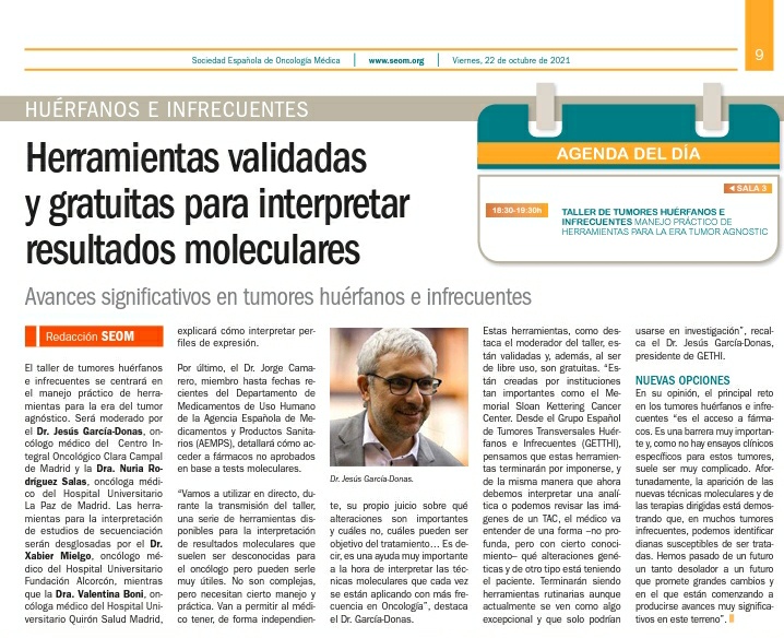 Herramientas validadas y gratuitas para interpretar resultados moleculares en tumores huérfanos e infrecuentes 📰 El Dr. @jgarciadonas analiza el taller formativo del Congreso en el periódico de #SEOM21 ▶️ bit.ly/3CagZqq