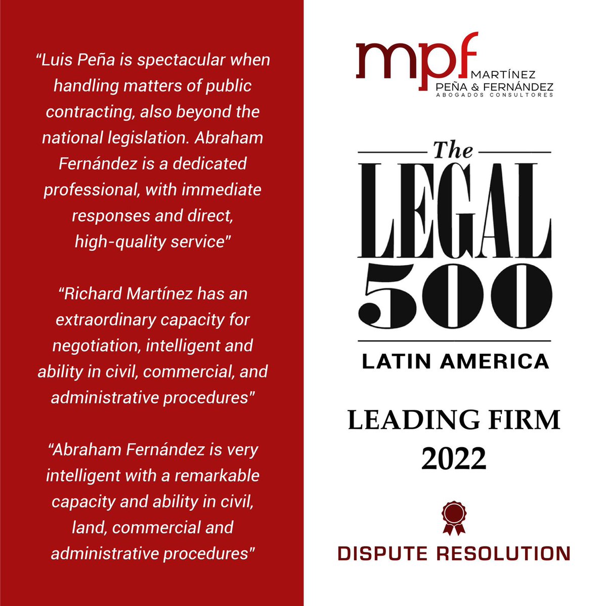 mpfrd's tweet photo. Nos enorgullece compartir que para el 2022 nuestra firma ha sido incluida como Leading Firm Tier 3 en el Ranking de la Guía Legal 500 Latinoamérica @thelegal500 en el renglón de Litigios y Resolución de Conflictos. 

¡Felicitaciones a nuestro equipo y gracias a nuestros clientes! https://t.co/HAlot2xeWH
