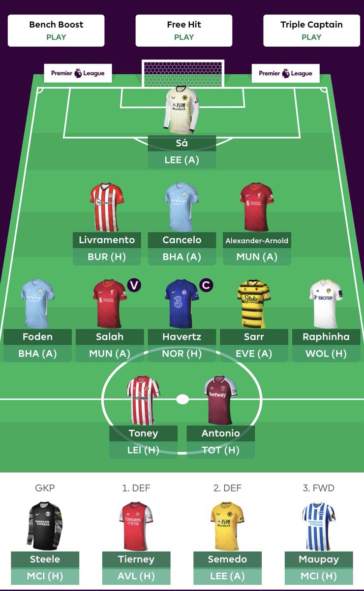 FPLConnor's tweet photo. Gameweek 9 
Havertz ©️

Ronaldo, Allan, Jota -> Foden, Havertz, Toney 

Good luck all 👍 https://t.co/oKjtzSQb5L
