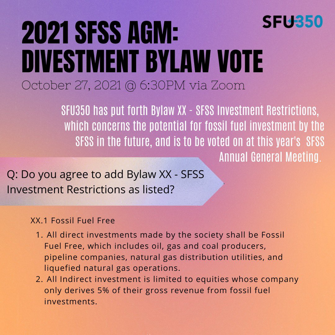 sfu350's tweet photo. 📣Attention SFU Undergrads! Take a stand against climate change at the 2021 @SFSS1 Annual General Meeting by voting #yestodivest
Make your voices heard! Register now https://t.co/aRNEAGoPVG
#SFU350 #SFU #ClimateEmergency #VoteYesToDivest https://t.co/NtbUK6G0Ta