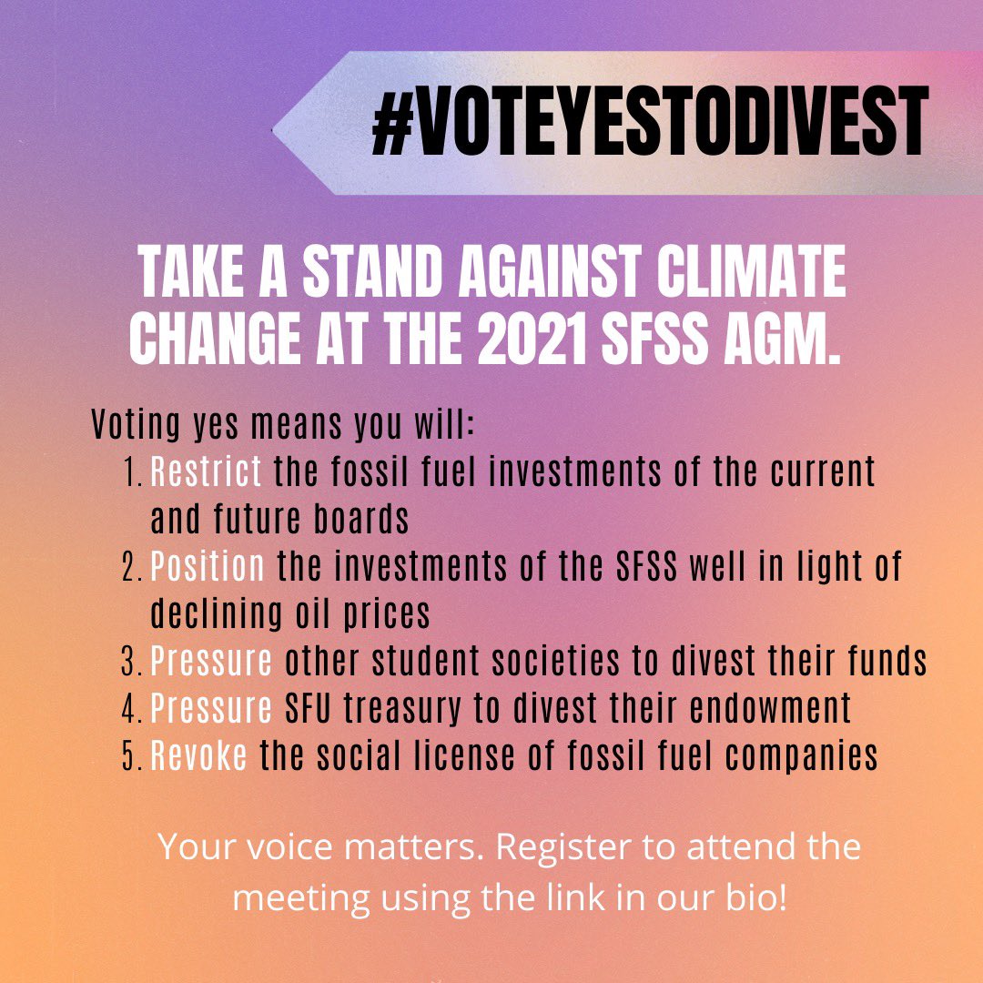 sfu350's tweet photo. 📣Attention SFU Undergrads! Take a stand against climate change at the 2021 @SFSS1 Annual General Meeting by voting #yestodivest
Make your voices heard! Register now https://t.co/aRNEAGoPVG
#SFU350 #SFU #ClimateEmergency #VoteYesToDivest https://t.co/NtbUK6G0Ta