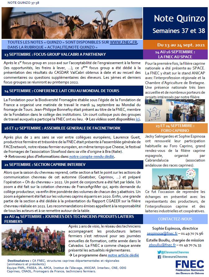 EleveursChevres's tweet image. Retrouvez 2 #NoteQuinzo et l'actualité d'un mois
🐐@SPACERennes, réunions avec le Ministre, Foro Caprino, comité de filière @InstitutElevage, @SommetElevage⛰️
🧀 Fondation lait cru @mondialfromage, AG #FACEnetwork, #PLF2021🥛
🥩 Focus group #Valcabri et section caprine Interbev👥