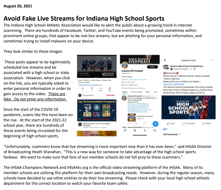 PLEASE SHARE! With the football state tournament beginning tonight, here's another warning to avoid clicking on fake live streams! Here's our news release from August that still applies.
🚫☠️💀
ihsaa.org/Portals/0/ihsa…