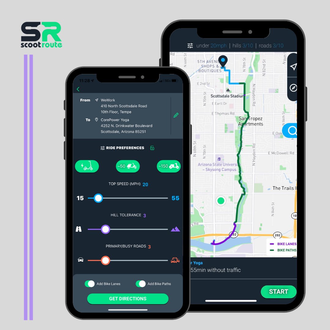 ScootRoute's tweet photo. @ScootRoute’s secret sauce is that we allow riders to customize their rides.  
👆🏻Pick your device
👆🏻Add your speed, hill and road density preferences 
👉🏻Toggle on bike lanes/paths
👏🏻Get directions
☺️Enjoy a safe and fun ride

Let’s roll!  #micromobility #scooter #startup https://t.co/xor2PCxtMr