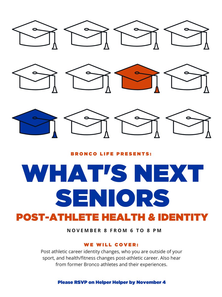 🚨 SENIOR STUDENT-ATHLETES 🚨

Come spend the evening of Nov. 8 with us and learn about the identity and nutrition/fitness changes that athlete's go through when they are done with their athletic careers. 

RSVP on HelperHelper 🙌🏼

#WhatsNext