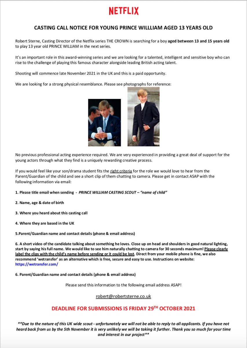 Kateboneathon's tweet image. CASTING CALL ALERT! CROWN SEASON 5 LOOKING FOR PRINCE WILLIAM AGED 13 YEARS. SEE FLYER FOR DETAILS - PLEASE RETWEET AWAY! 
DEADLINE 29TH OCT!!!!