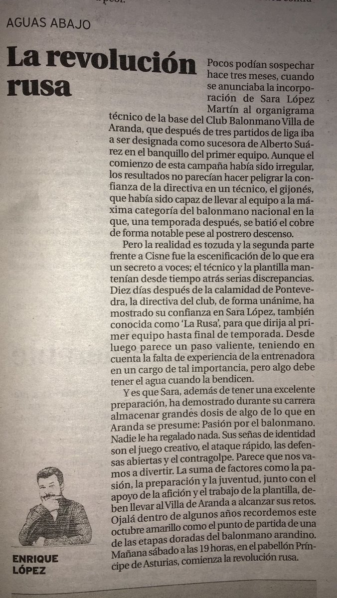 Columnita de hoy en el <a href="/diariodeburgos/">Diario de Burgos</a> edición #Ribera 
Salud y éxitos para <a href="/ruSa_7/">Sara López Martín</a> al frente del <a href="/bmvillaaranda/">Club Balonmano Villa de Aranda</a> 
#HeFVdA