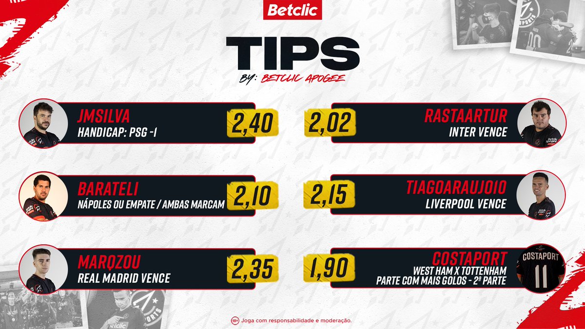 BetclicPortugal's tweet photo. 🎮 Os atletas da @BetclicApogee já deram as Tips para este domingo! Vamos sortear 10€ de Freebets por 10 pessoas que acertem:

- Dá RT
- Comenta com o nome de 1 atleta que achas que vai acertar + User Betclic

1 comentário por utilizador.
Passatempo termina domingo, às 14:00. https://t.co/CwGcEW7n4K