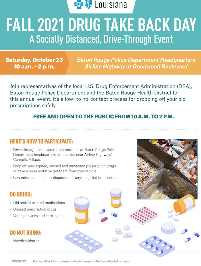 LAAmbulance's tweet photo. The fall 2021 Drug Take Back Day is Saturday, October 23rd! Drop off your unused or expired medications at the Baton Rouge Police Department Headquarters from 10 A.M. to 2 P.M. https://t.co/eTdlzUjF2W