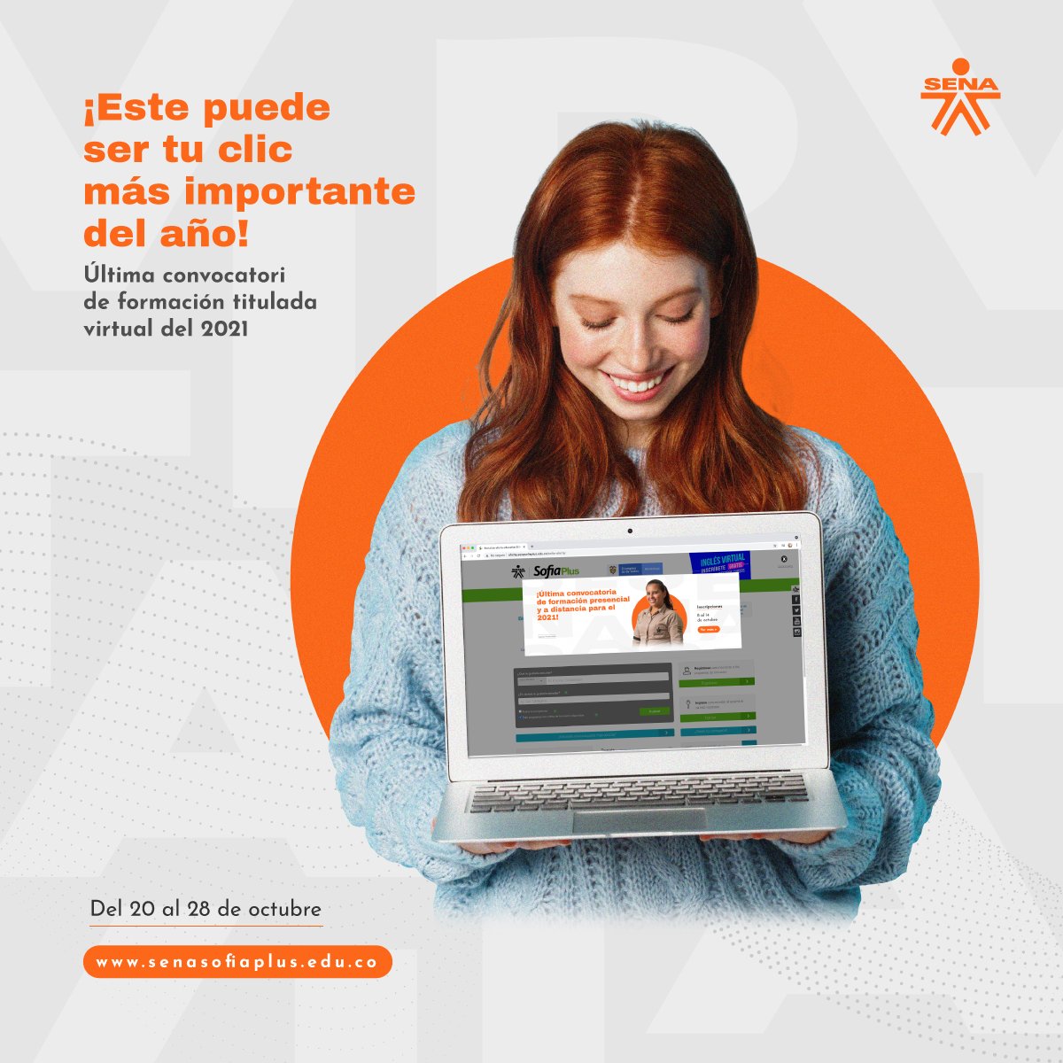 SENANarino's tweet photo. 🖱️⭐️¡Tu clic más importante del año podría ser ahora! El @SENAComunica trae para todos los interesados la última convocatoria de formación virtual del 2021. ✍️Inscríbete antes del 28 de octubre e inicia tu formación en noviembre. Info 👉 https://t.co/dvIEi3HMm2 #EstudiaEnElSENA https://t.co/IVQq1wZNq0