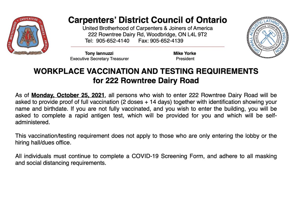 carpenters27's tweet photo. ⚠️ Workplace Vaccination and Testing Policy for 222 Rowntree Dairy Road ⚠️
#Local27 #CarpentersDistrict #Carpenters #Union #CDCO #WorkPolicy #Covid19 #Vaccine #Health #Safety #Testing https://t.co/tQOnBgzayr