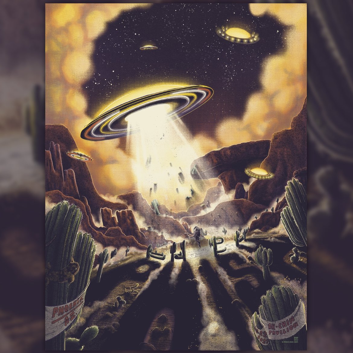 phishdrygoods's tweet photo. Here's our LE poster for Phish’s Phoenix, AZ show tonight by Bailey Race.  Edition of 950. 18x24 screenprint, numbered. Available at merch stands tonight 🛸🏜 https://t.co/RGoWTFex3l