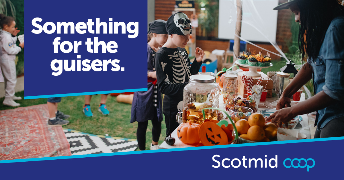 Scotmid's tweet image. Having an early Halloween party this weekend? 
Pick up a little something for the guisers from your local #Scotmid open until 10pm each evening.
#ThatsHandy #guisers #Halloween