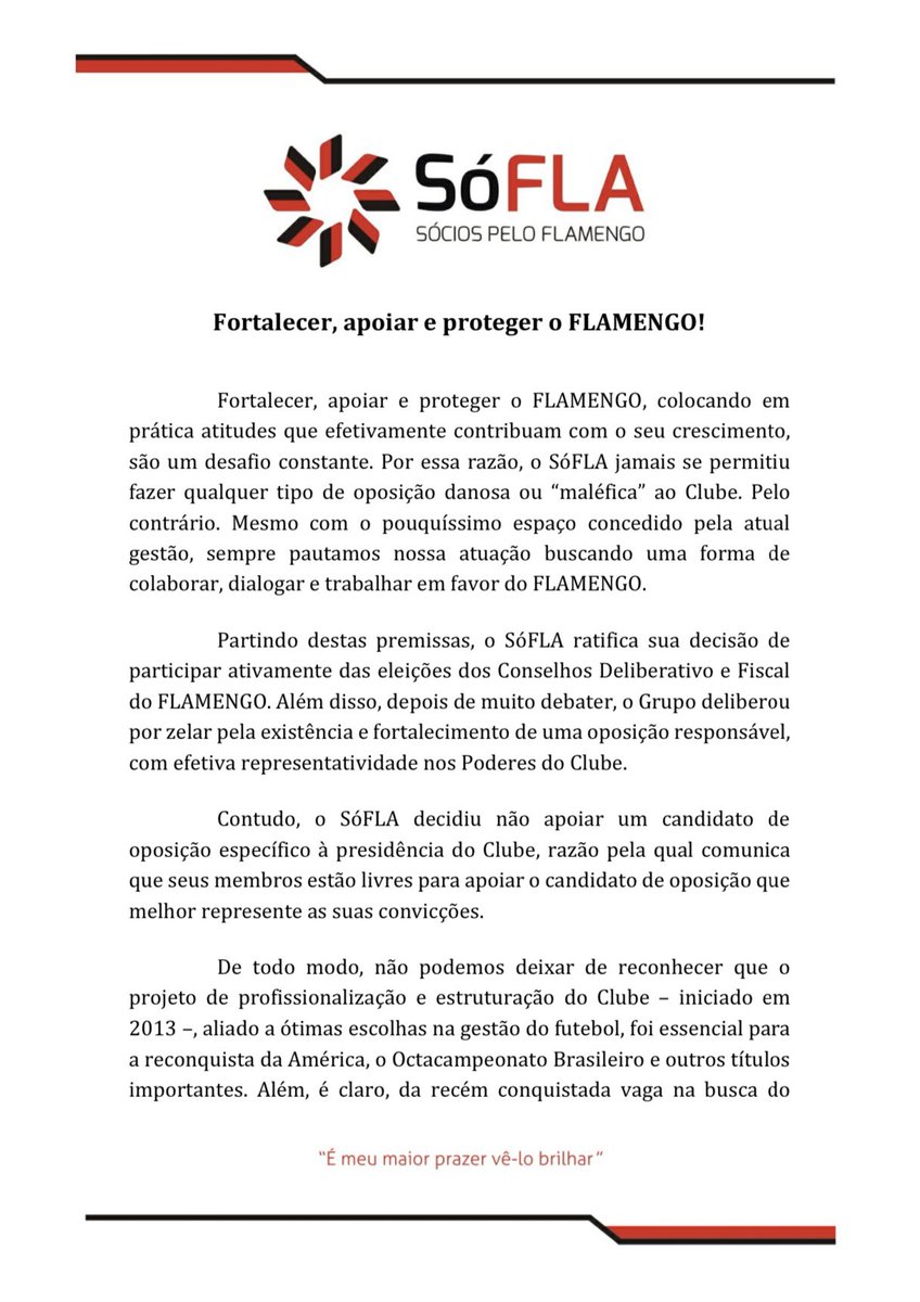 SociosPeloFla's tweet photo. Nota oficial sobre o posicionamento do SóFLA para as eleições do @Flamengo https://t.co/9mtLtknazW