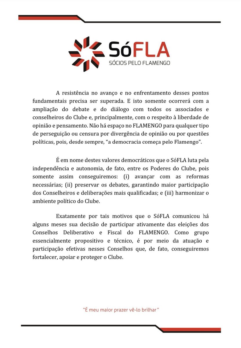 SociosPeloFla's tweet photo. Nota oficial sobre o posicionamento do SóFLA para as eleições do @Flamengo https://t.co/9mtLtknazW