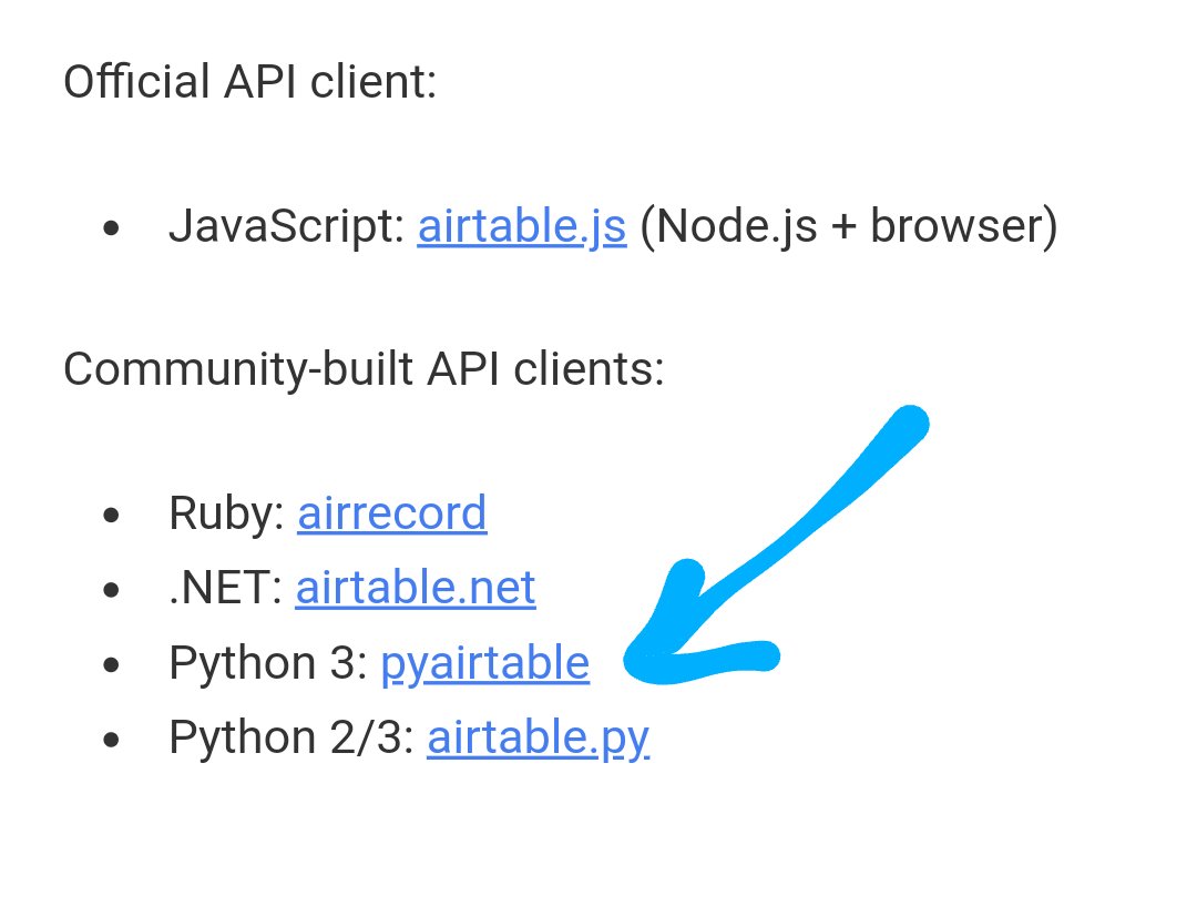 gtalarico's tweet image. For when you want to add #somecode to your #nocode 🤓
pyAirtable has been added to the official @airtable API Docs 🎉🥰
pyairtable.readthedocs.io
