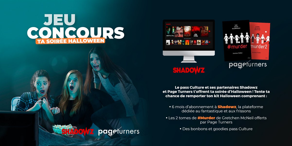 pass_Culture's tweet photo. 🎃 JEU CONCOURS 🎃
Le #passculture et ses partenaires @shadowzvod et @PageTurners_ t'offrent de quoi frissonner et organiser ta meilleure soirée d'Halloween ! 

Pour participer, il te suffit de : 
❤️ Liker ce post et le RT
✅ T'abonner au compte @pass_Culture https://t.co/aW9auArB6u